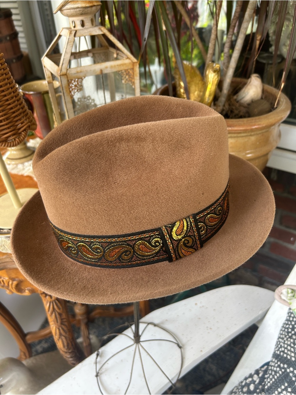 Vintage Brown Velour Fedora Hat with Decorative Band